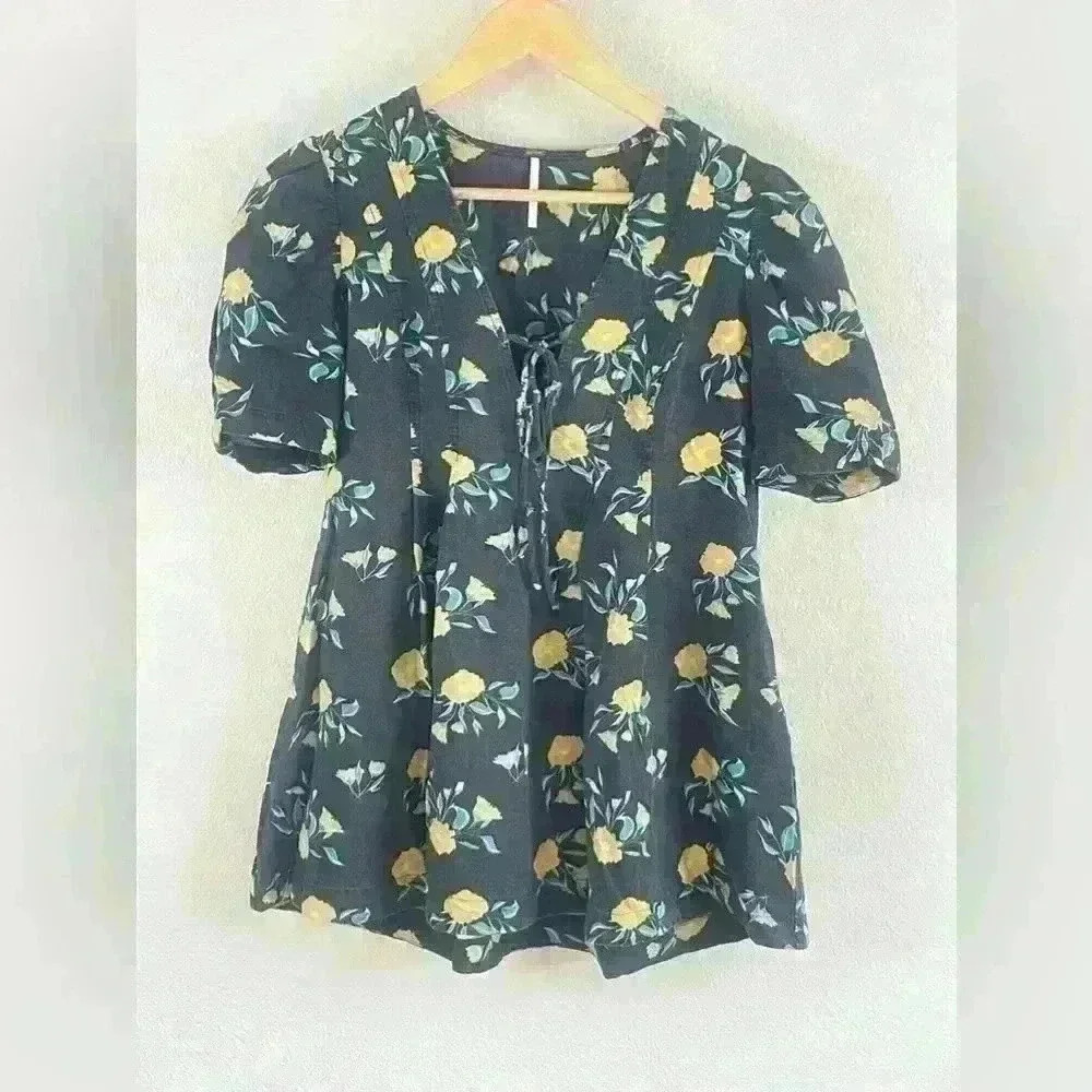 Free People Adelle Floral Printed Mini Dress Tunic Puff Sleeve Women's Small
